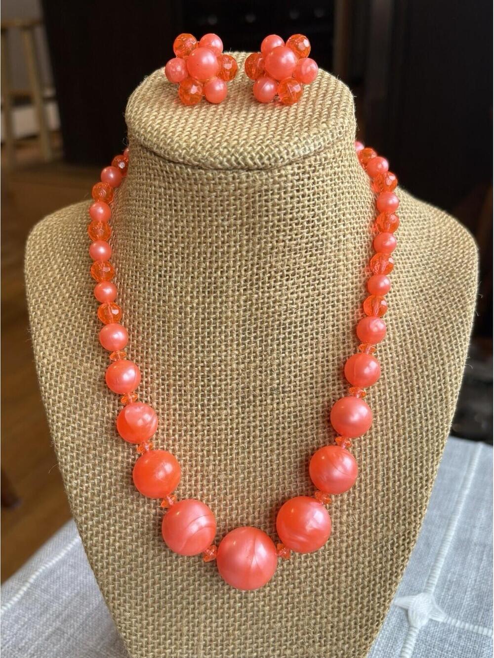 Vintage Neon Orange Lucite Bead Necklace & Cluster Clip On Earrings Set